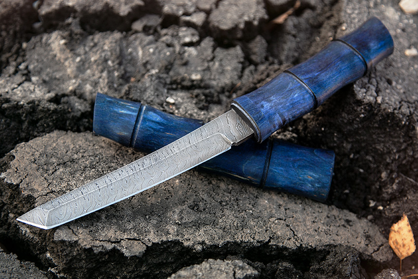Нож Танто из дамасской стали (рукоять и ножны стабилизированная карельская береза) A693