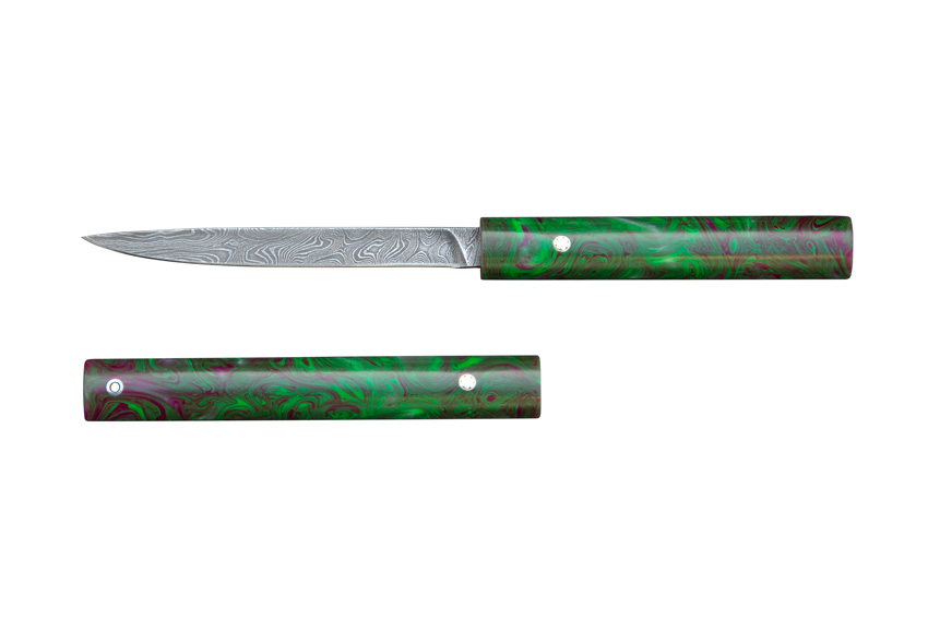 Дамский нож из дамасской стали (рукоять и ножны выполнены из акрила, пин) A740