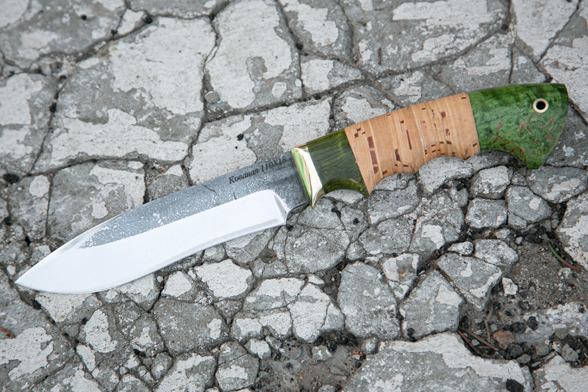 Нож Орлан из кованой стали 110Х18 (рукоять – стабилизированная карельская береза, береста, литье – мельхиор) A724