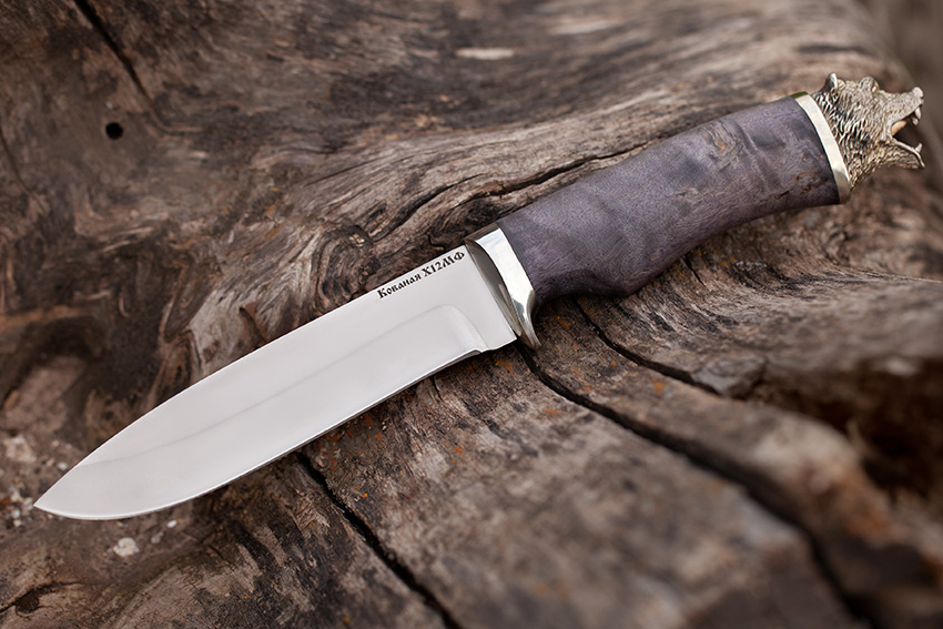 Нож Олимп из стали Х12МФ (рукоять – стабилизированная карельская береза, литье мельхиор) A715