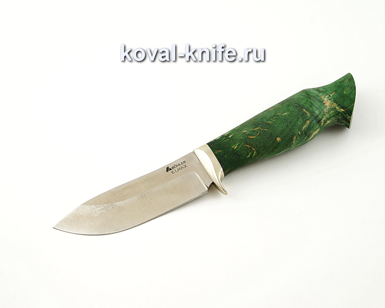 Нож Кабан из порошковой стали Elmax с рукоятью из стабилизированной карельской березы, гарда мельхиор A529