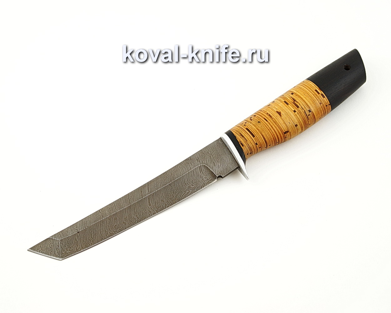 Нож Танто из дамасской стали с рукоятью из бересты и черного граба A544