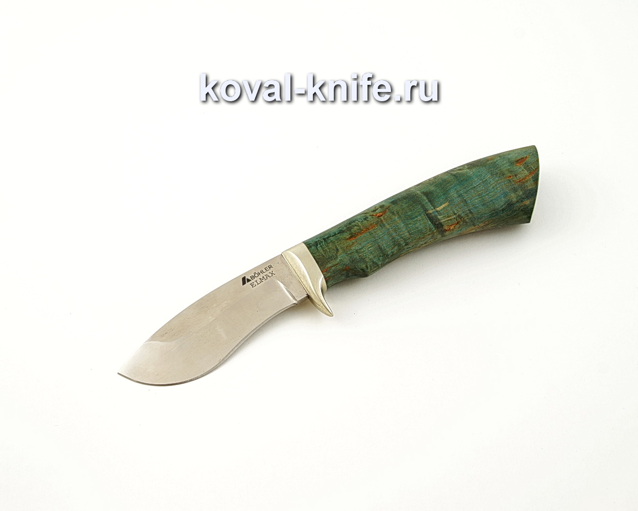 Нож Носорог из порошковой стали Elmax с рукоятью из стабилизированной карельской березы, гарда мельхиор A554