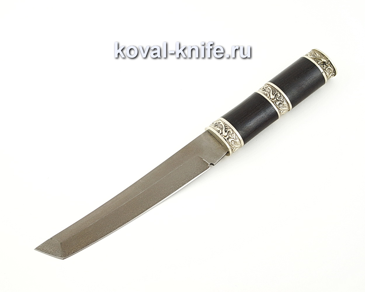 Нож Танто из кованой стали Х12МФ с рукоятью из черного граба, литье мельхиор A572