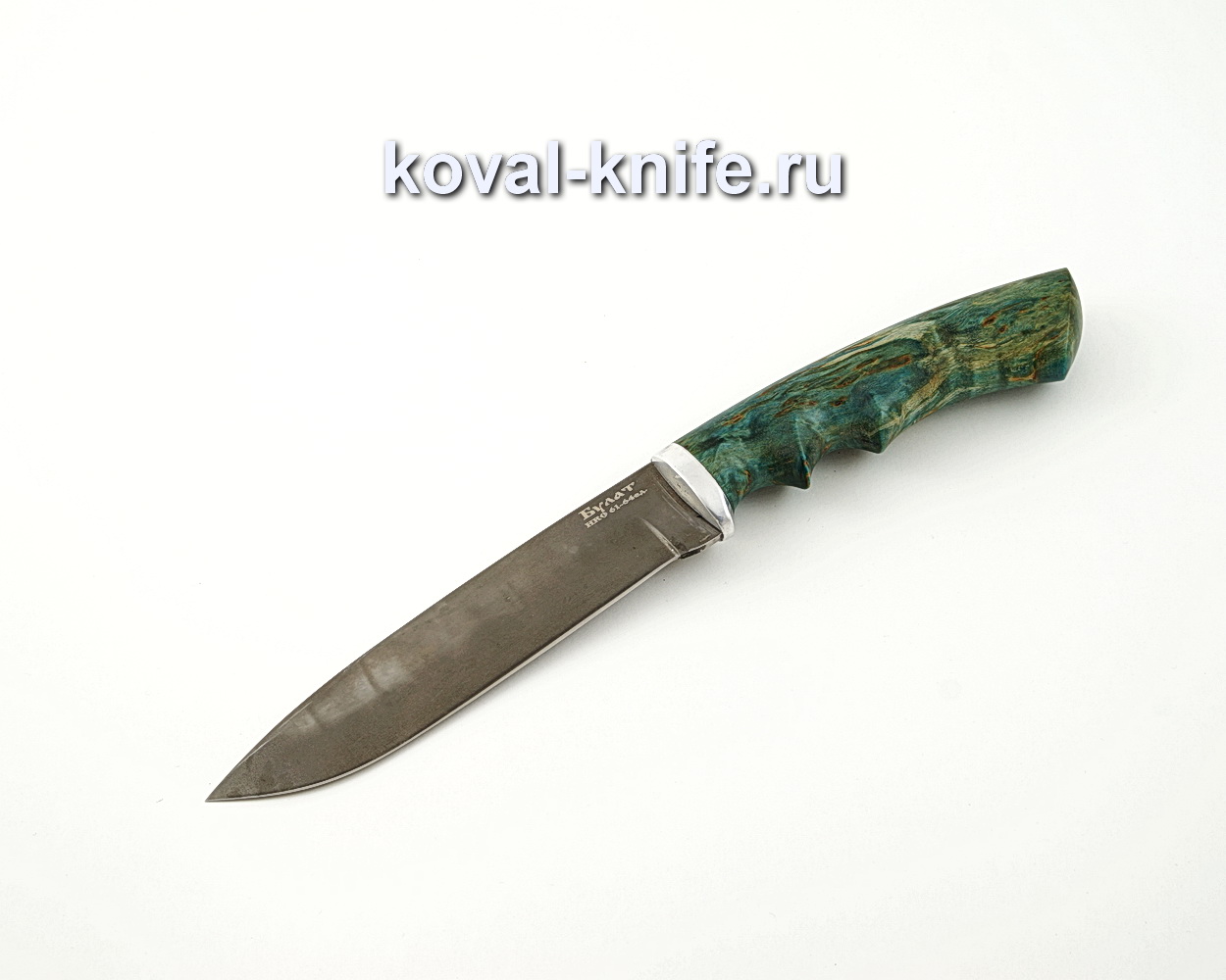 Нож Олимп из булатной стали с рукоятью из стабилизированной карельской березы, литье мельхиор A574