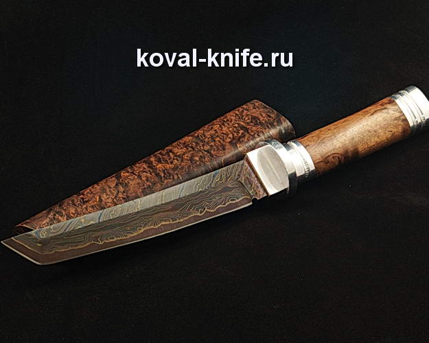 Нож Танто S25 из ламинированной дамасской стали в деревянных ножнах